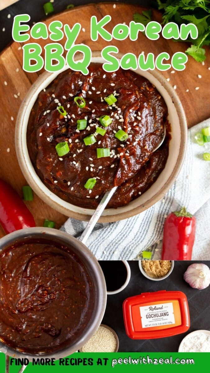 Bowl of homemade Korean BBQ sauce topped with sesame seeds and chopped green onions, surrounded by ingredients and a container of gochujang.