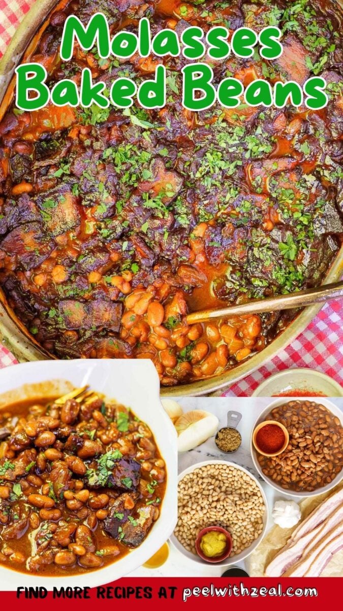 Molasses baked beans in a large dish topped with chopped herbs, served with a wooden spoon; smaller images show ingredients and a bowl of beans.