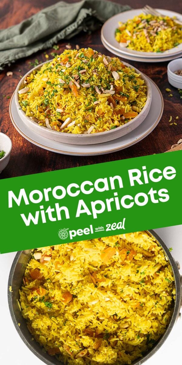 A serving of Moroccan rice with apricots, nuts, and herbs on plates and in a pot, with the text "Moroccan Rice with Apricots" displayed across the image.