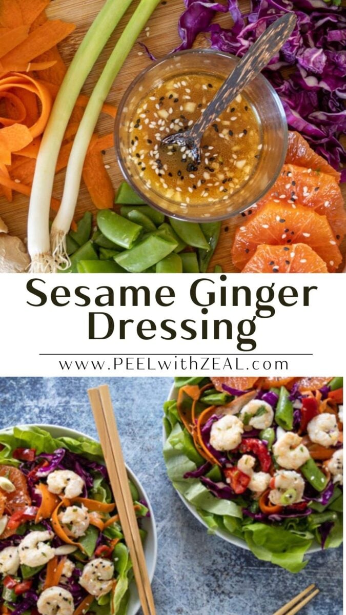 Colorful vegetables, orange slices, and sesame ginger dressing are displayed on a cutting board. Below, two salads with shrimp, greens, and vegetables are served in bowls with chopsticks.