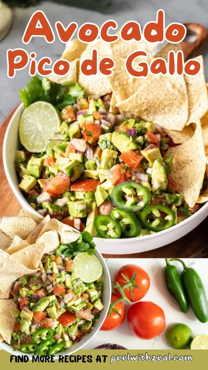 A bowl of avocado pico de gallo surrounded by tortilla chips, with fresh tomatoes, jalapeños, and cilantro on the side.