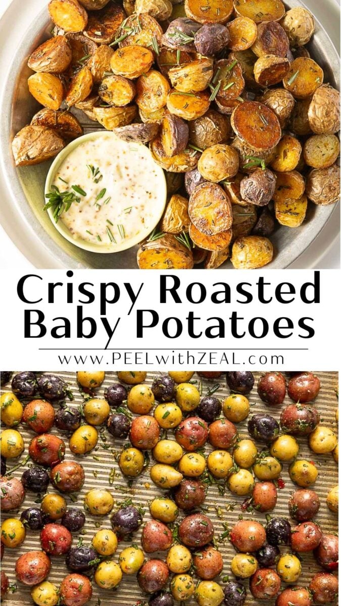 Oval and round baby potatoes, roasted to a crispy finish, served on a plate with a dipping sauce and garnished with herbs; a baking tray of seasoned potatoes is also shown.