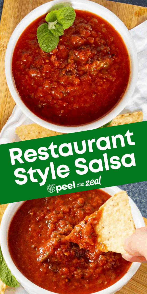 Two bowls of chunky red salsa, garnished with mint, with tortilla chips; text overlay reads "Restaurant Style Salsa.