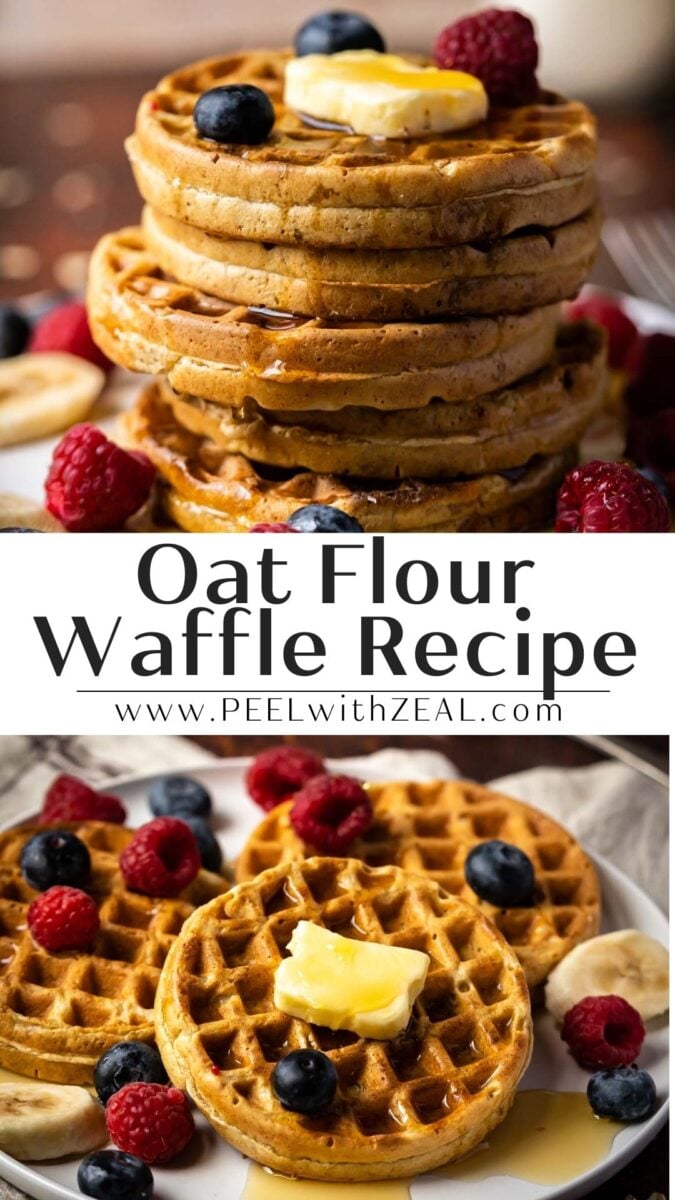 A stack of oat flour waffles topped with butter and berries is shown above; below, waffles are served on a plate with butter, blueberries, raspberries, and banana slices.