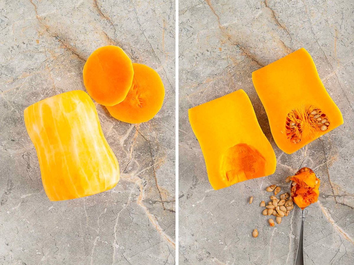 Two images side by side: on the left, a peeled and sliced butternut squash; on the right, a halved butternut squash with seeds and pulp partially removed.