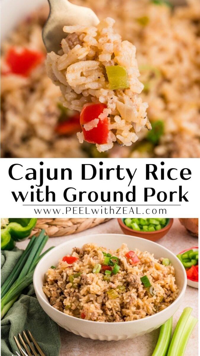 A bowl of Cajun dirty rice with ground pork, garnished with green onions, and a spoonful of rice showing bell peppers and pork.