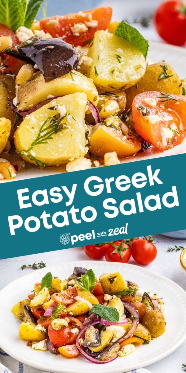 A plate of greek potato salad with tomatoes, red onions, olives, and feta cheese