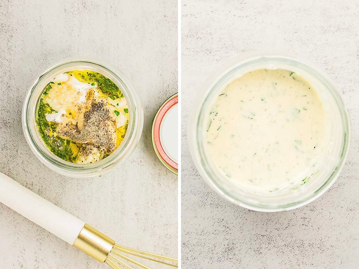 Two side-by-side images show a jar with salad dressing ingredients on the left and the same jar with the mixed, creamy dressing on the right; a whisk is nearby.