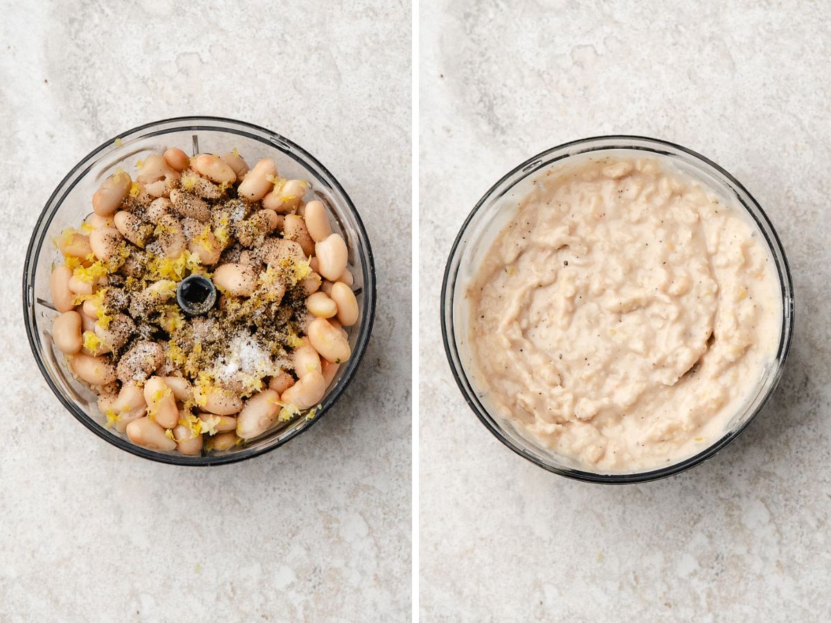 Two images side by side: left shows white beans, spices, and lemon zest in a food processor; right shows the mixture blended into a creamy dip.