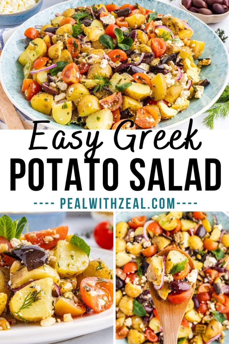 Collage of Greek potato salad featuring tender potatoes, cherry tomatoes, olives, feta cheese, herbs, and a zesty dressing. Served in bowls with a wooden spoon and garnished with fresh dill for an authentic Greek touch.