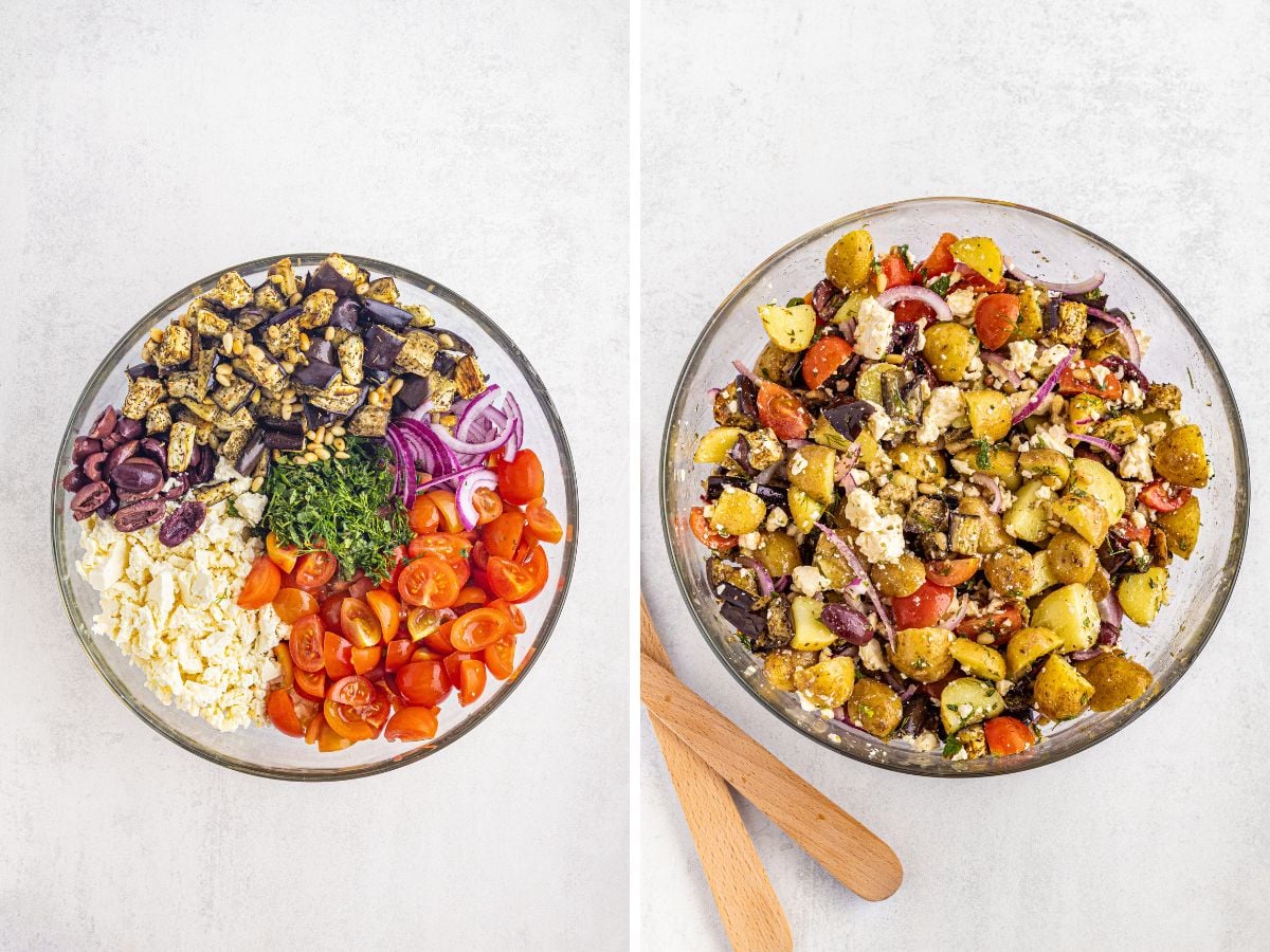 Two side-by-side images of a glass bowl; the left shows separated salad ingredients, and the right shows the same ingredients mixed together with dressing.