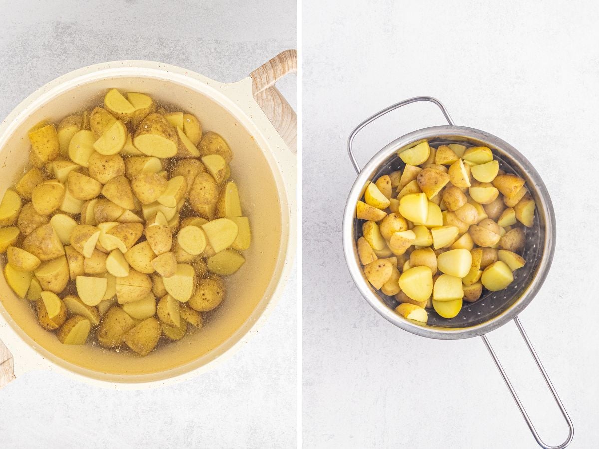 Side-by-side images of chopped potatoes: on the left, potatoes in a pot of water; on the right, potatoes drained in a metal colander.