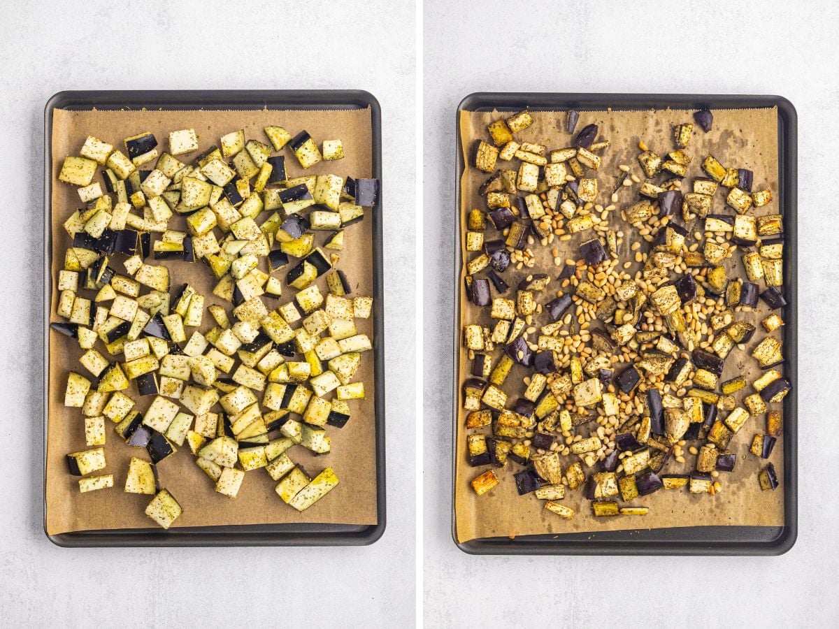 Side-by-side images of a baking tray with cubed, seasoned eggplant before roasting (left) and after roasting (right), both on parchment paper.