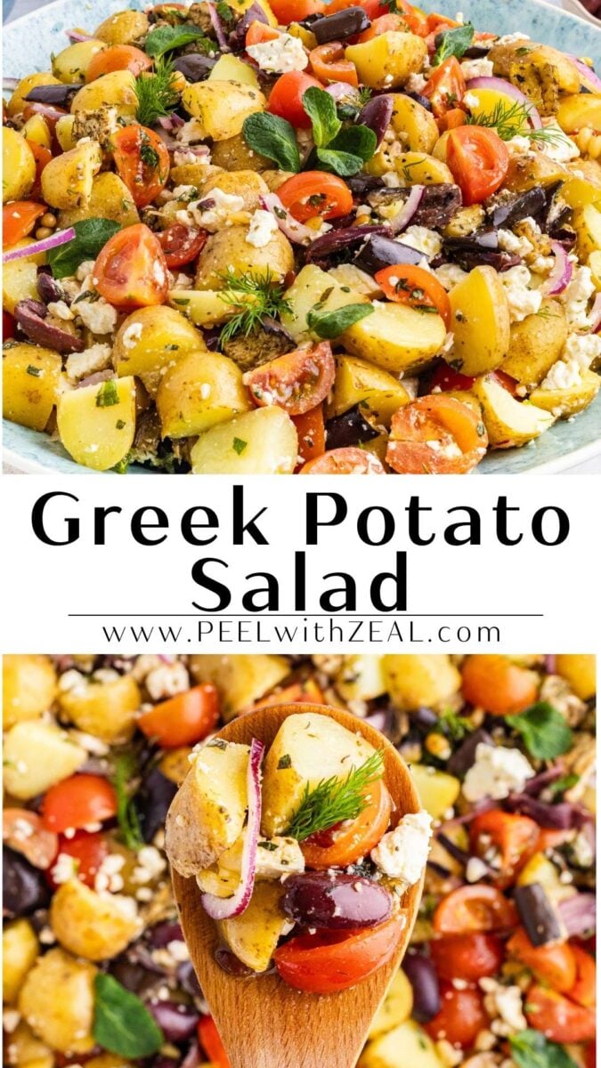 A bowl and a wooden spoon filled with greek potato salad featuring yellow potatoes, cherry tomatoes, olives, red onions, fresh herbs, and crumbled feta cheese.