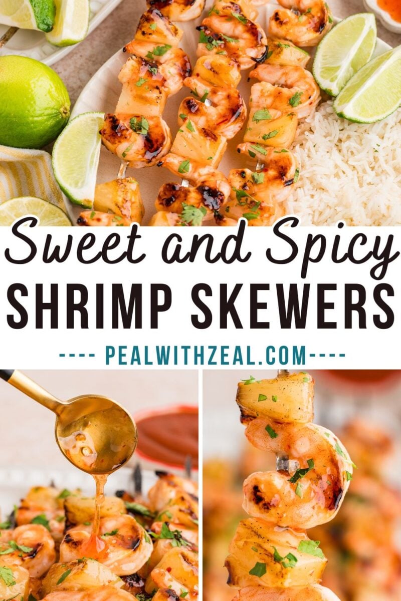 Grilled shrimp skewers garnished with herbs and lime wedges, served with rice. A sauce is being spooned over the skewers in a close-up image.