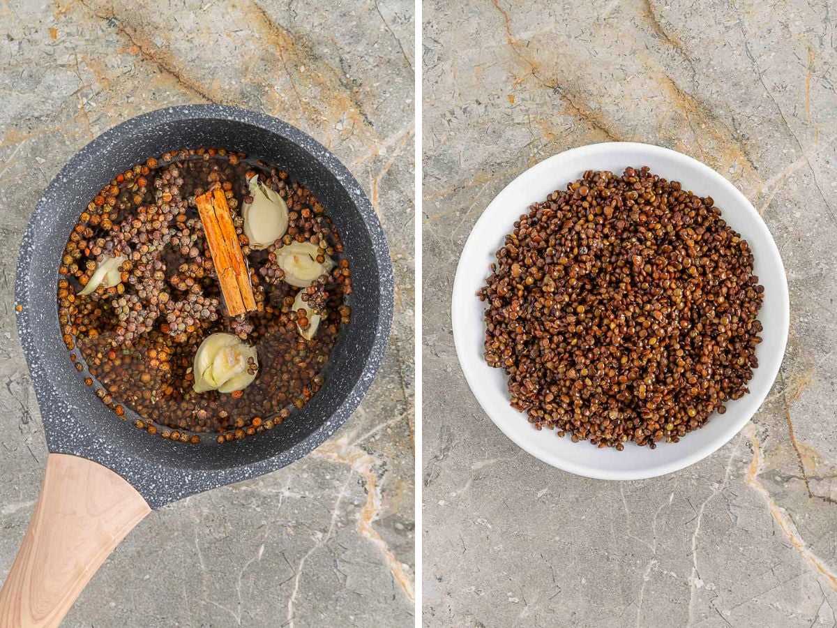Side-by-side images show whole spices simmering with lentils in a pan on the left and cooked lentils served in a white bowl on the right, both on a marble surface.