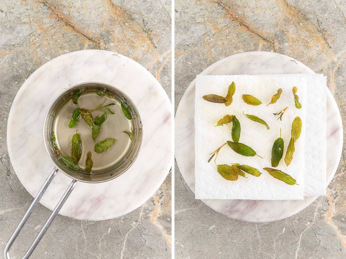 Left: Fresh herbs in oil in a small pot. Right: Fried herbs draining on a paper towel on a white plate. Both items are on a light marble surface.