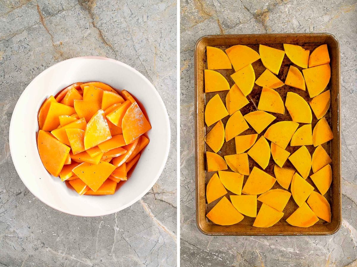Two images: left shows sliced butternut squash in a white bowl, right shows the slices spread out on a baking sheet, both on a gray stone surface.