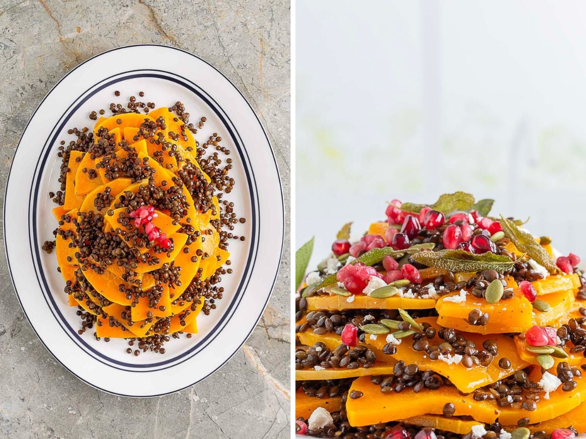 A plate of sliced butternut squash topped with black lentils and pomegranate seeds, shown from above and from the side.