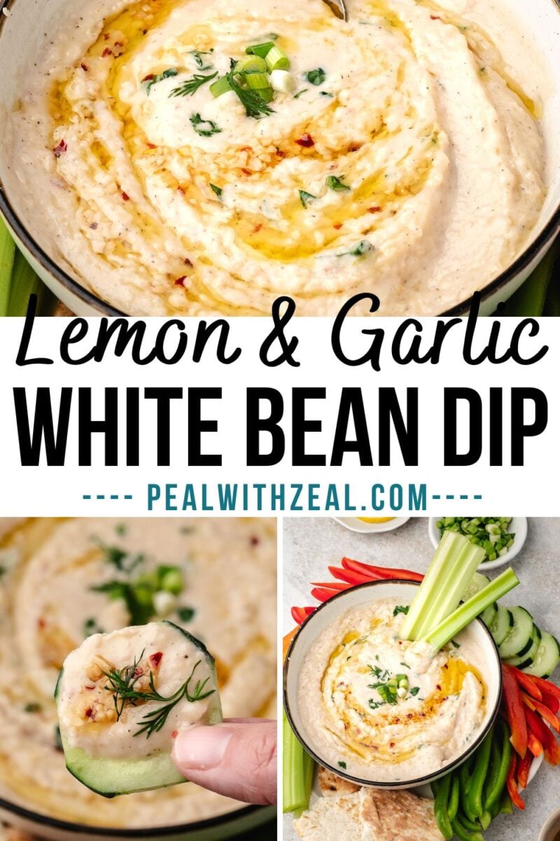 A bowl of creamy White Bean Dip with lemon and garlic is garnished with oil and herbs, served alongside fresh vegetables for dipping.