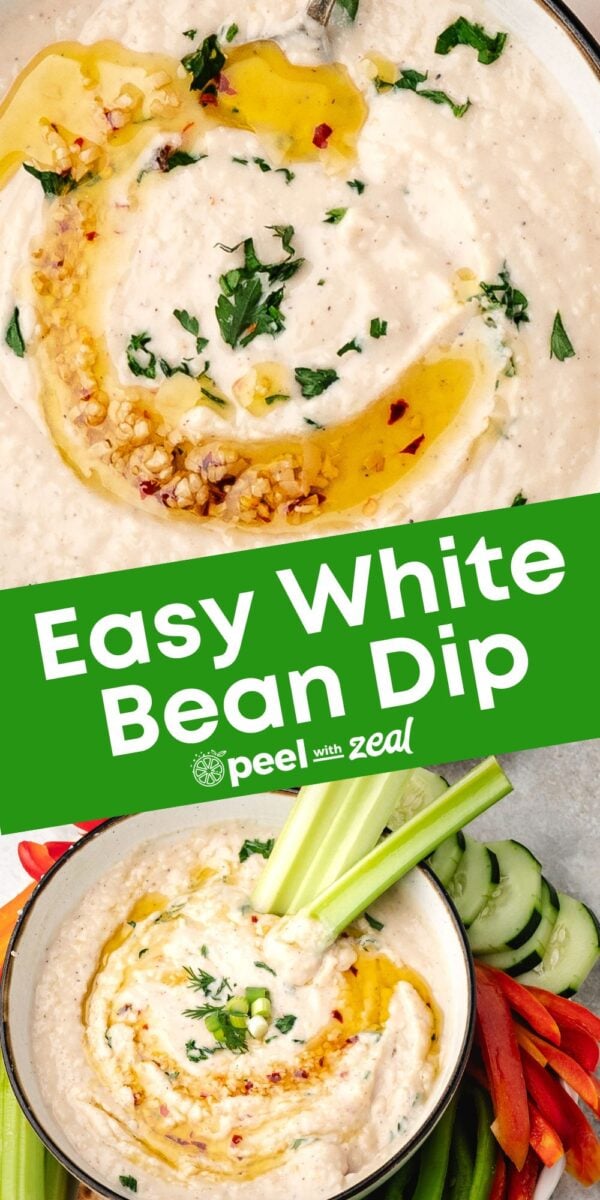A bowl of creamy White Bean Dip garnished with olive oil and herbs, surrounded by celery, cucumber, and red bell pepper sticks for dipping. Text overlay reads "Easy White Bean Dip.