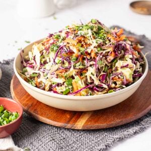 A bowl of mixed coleslaw with shredded cabbage, carrots, and herbs sits on a wooden board with a small dish of chopped green onions nearby.