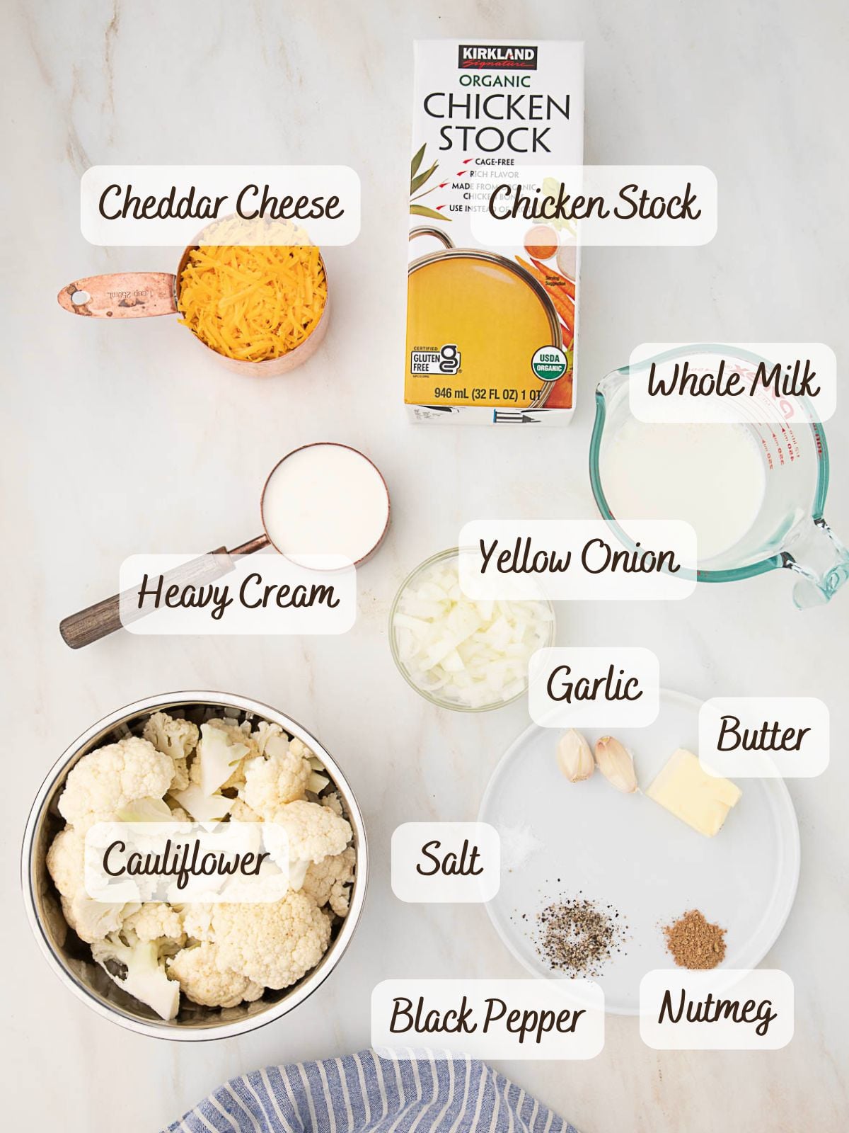 Ingredients for a cauliflower soup, including cheddar cheese, chicken stock, whole milk, heavy cream, yellow onion, garlic, butter, cauliflower, salt, black pepper, and nutmeg.
