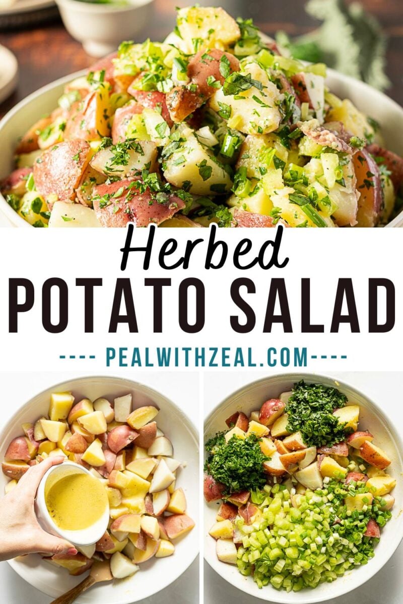 Three images show a herbed potato salad: the top image displays the finished dish, while the bottom two show step-by-step preparation with chopped vegetables and dressing being added.
