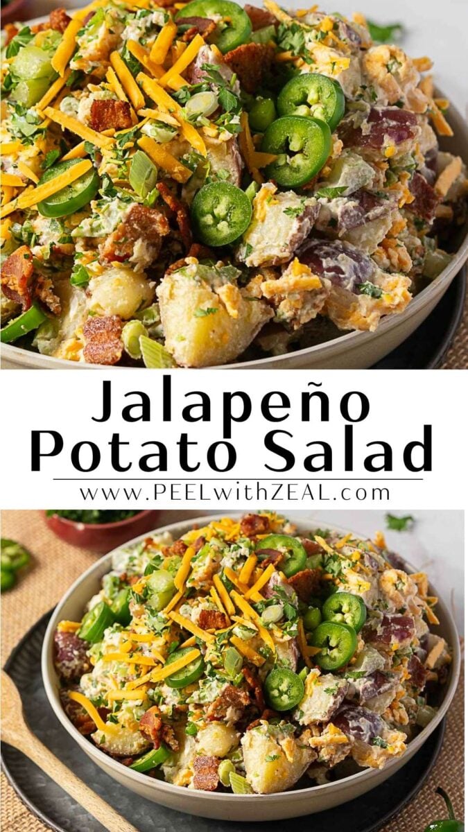 A bowl of jalapeno popper potato salad topped with sliced jalapeños, shredded cheese, bacon, and herbs, shown from two angles with a website link and title in the center.