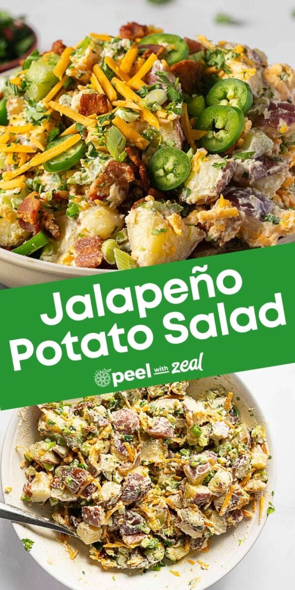 A bowl of jalapeno popper potato salad topped with sliced jalapeños, shredded cheese, bacon, and herbs, shown from two different angles. Text overlay reads "Jalapeño Potato Salad.