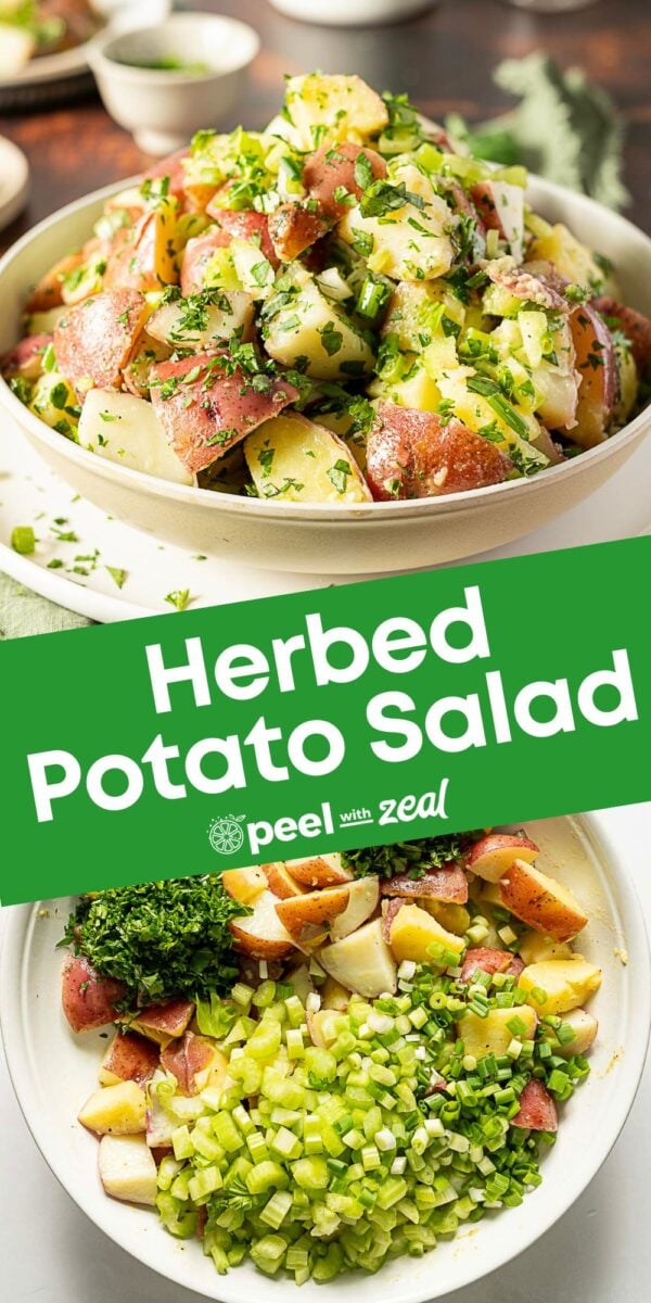 A bowl of herbed potato salad made with chopped red potatoes, celery, herbs, and green onions, shown both mixed and as separated ingredients. Text overlay reads "Herbed Potato Salad.