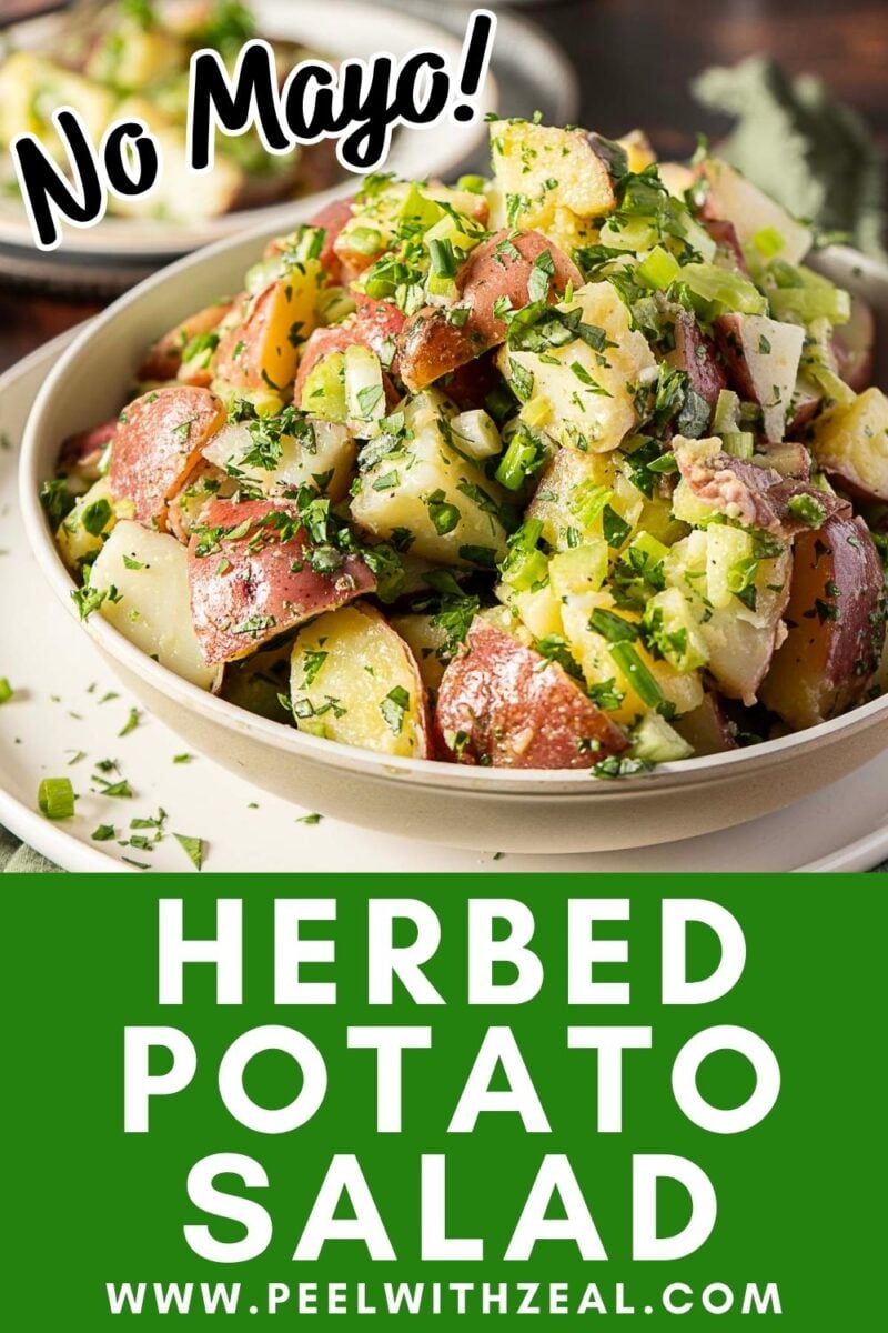 A bowl of herbed potato salad made with chopped red potatoes and green herbs, labeled "No Mayo" and "Herbed Potato Salad" with a website link at the bottom.
