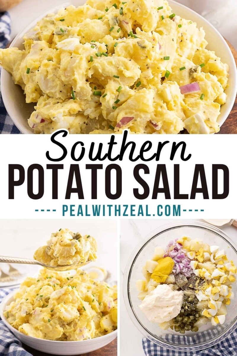 Collage featuring a bowl of Southern Potato Salad, the text "Southern Potato Salad," a spoonful of this classic dish, and fresh ingredients in a mixing bowl.