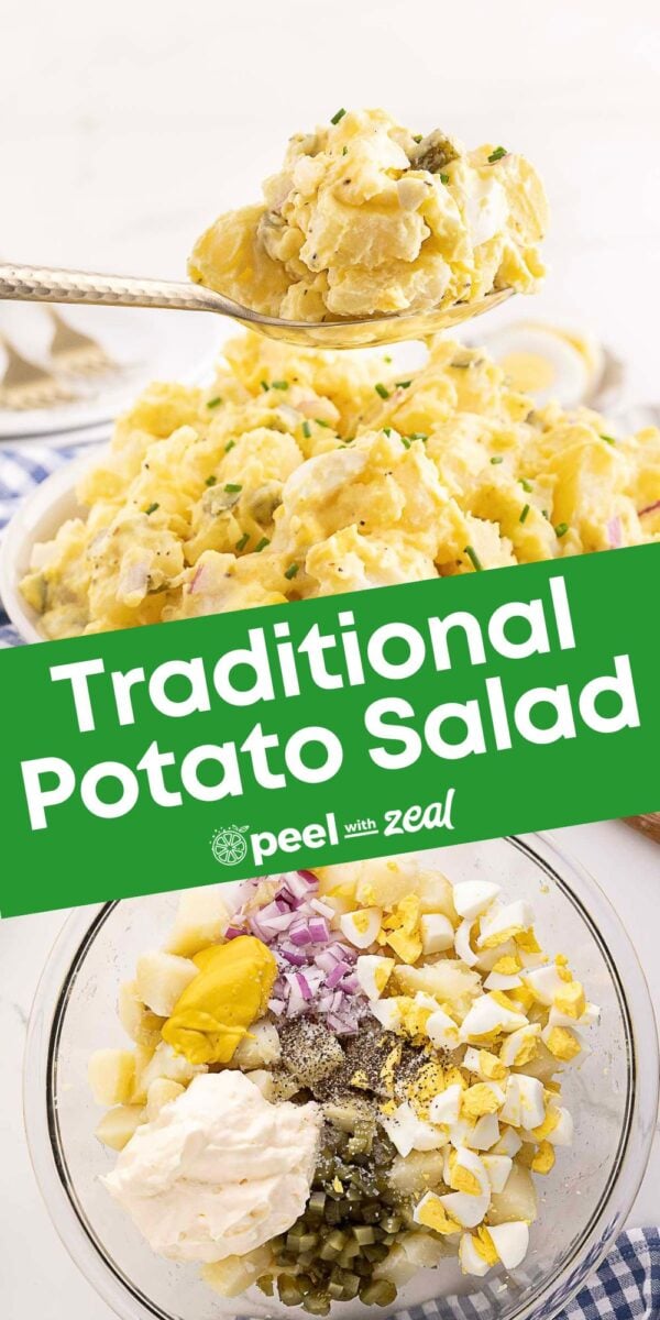 A bowl of classic Southern Potato Salad topped with chives, a spoonful being served, and a glass bowl showing salad ingredients like potatoes, eggs, mayo, onions, and pickles.