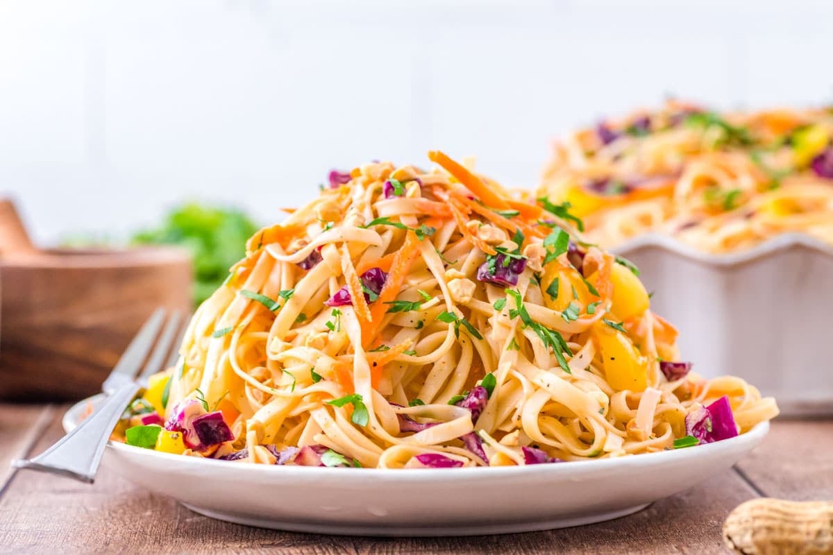 A plate of pasta salad with shredded carrots, red cabbage, and fresh herbs, served on a white dish with a fork on the side.