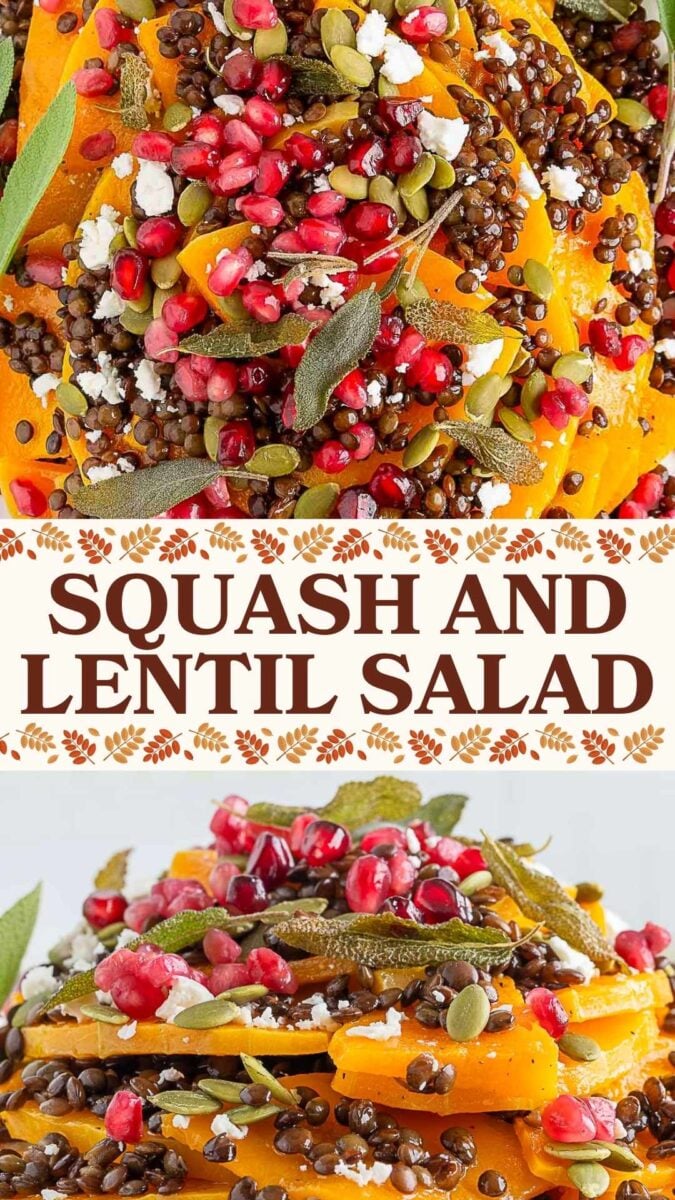 Close-up of a butternut squash salad with lentils, pomegranate seeds, pumpkin seeds, feta cheese, and sage leaves