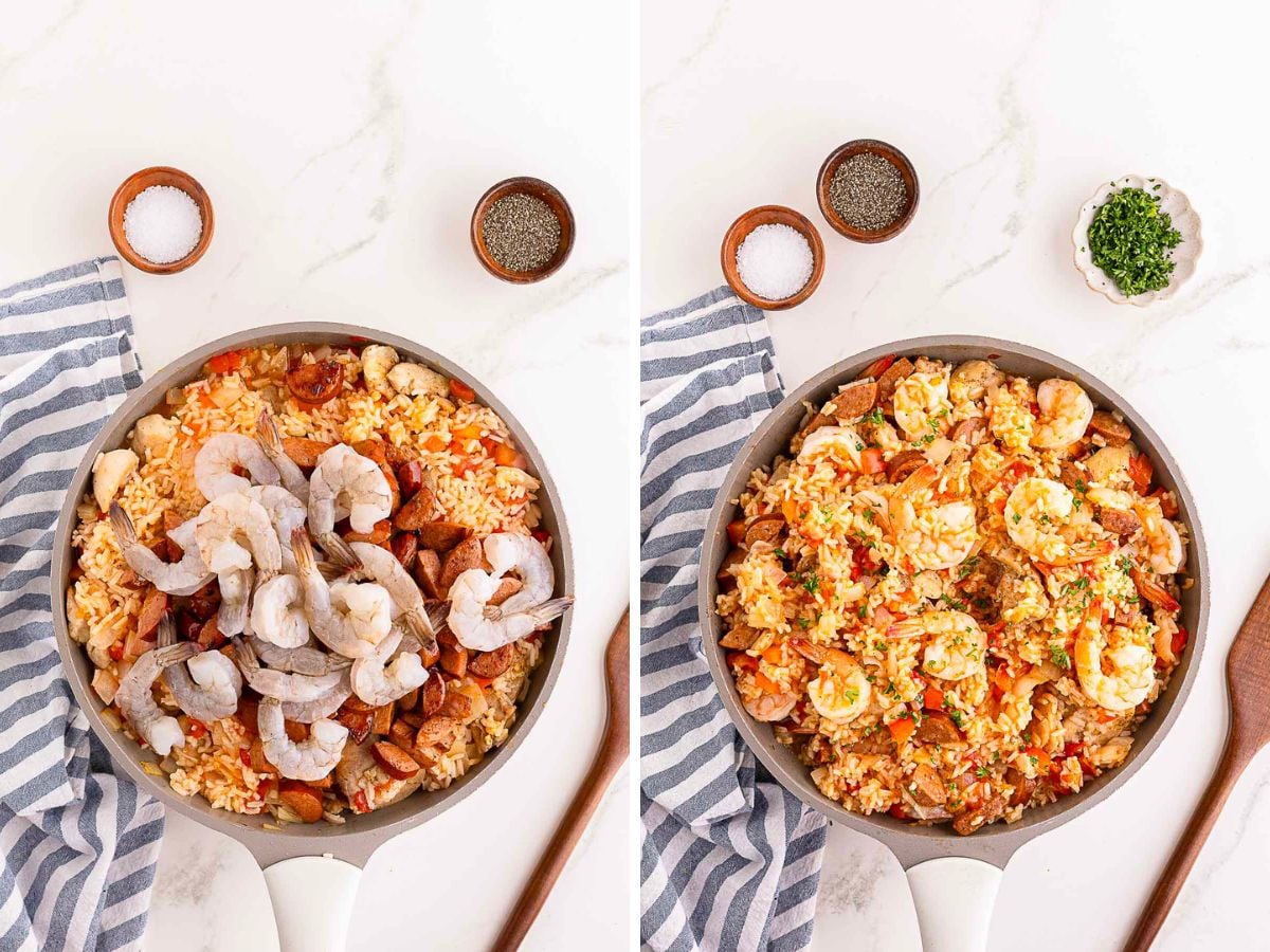Side-by-side images showing a skillet of jambalaya before and after cooking; raw shrimp is visible on the left, and cooked shrimp is mixed into the rice on the right.