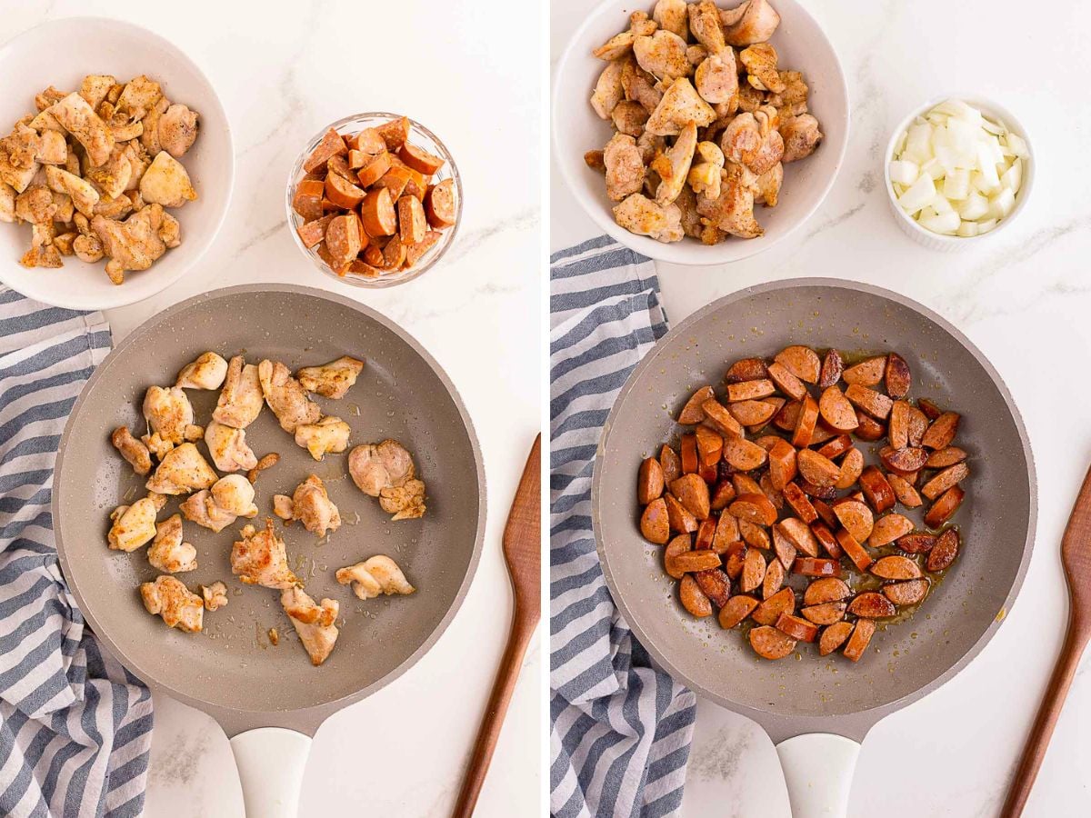 Two pans on a striped cloth: one with cooked chicken pieces, the other with sliced sausage. Bowls of uncooked chicken, sausage, and chopped onion are nearby on a white surface.