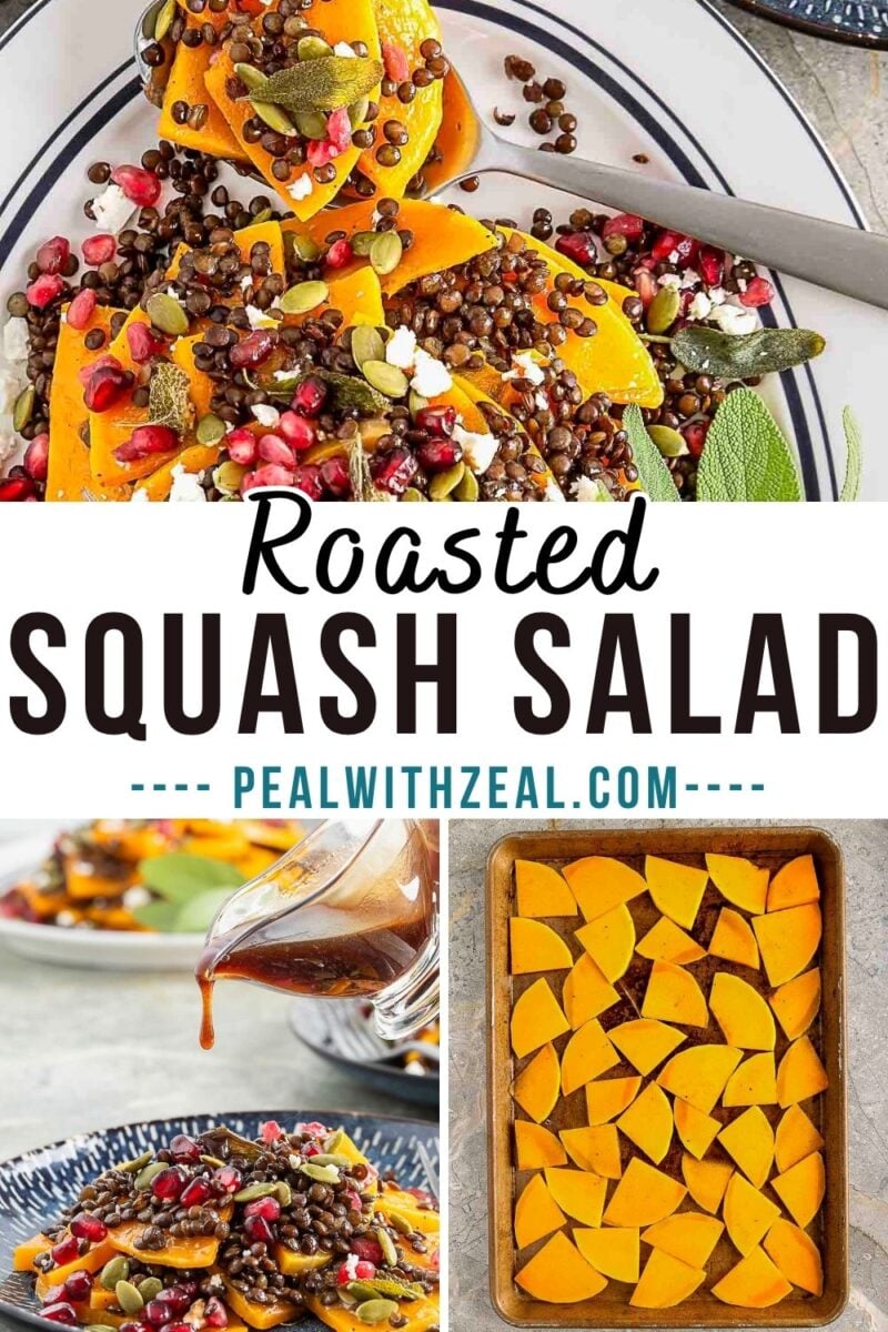 A plate of butternut squash salad with lentils, pomegranate seeds, and pumpkin seeds; also shown are squash slices on a baking tray and dressing being poured over the colorful salad.