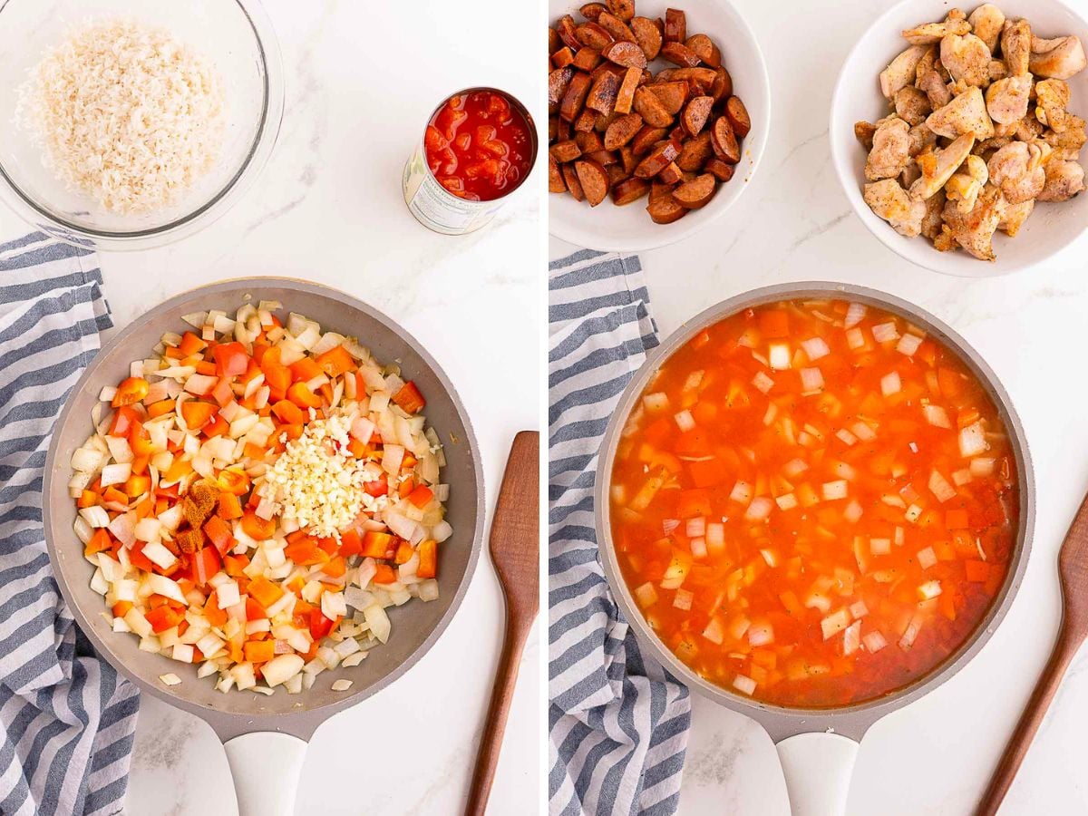 A skillet with chopped onions, bell peppers, and garlic; then with added broth and diced tomatoes. Bowls of rice, sliced sausage, and cooked chicken are arranged around the skillet.
