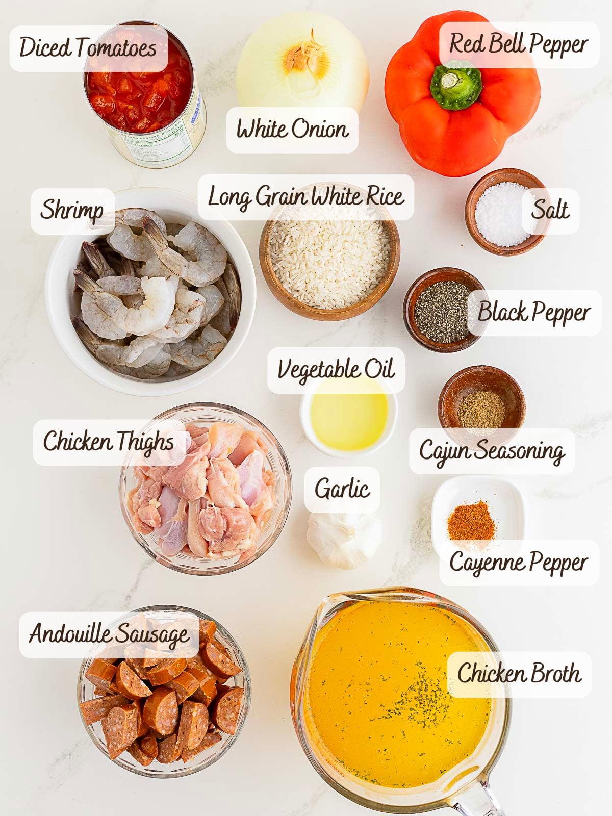 Top-down view of labeled jambalaya ingredients, including shrimp, chicken thighs, andouille sausage, rice, diced tomatoes, bell pepper, onion, broth, oil, garlic, and spices.