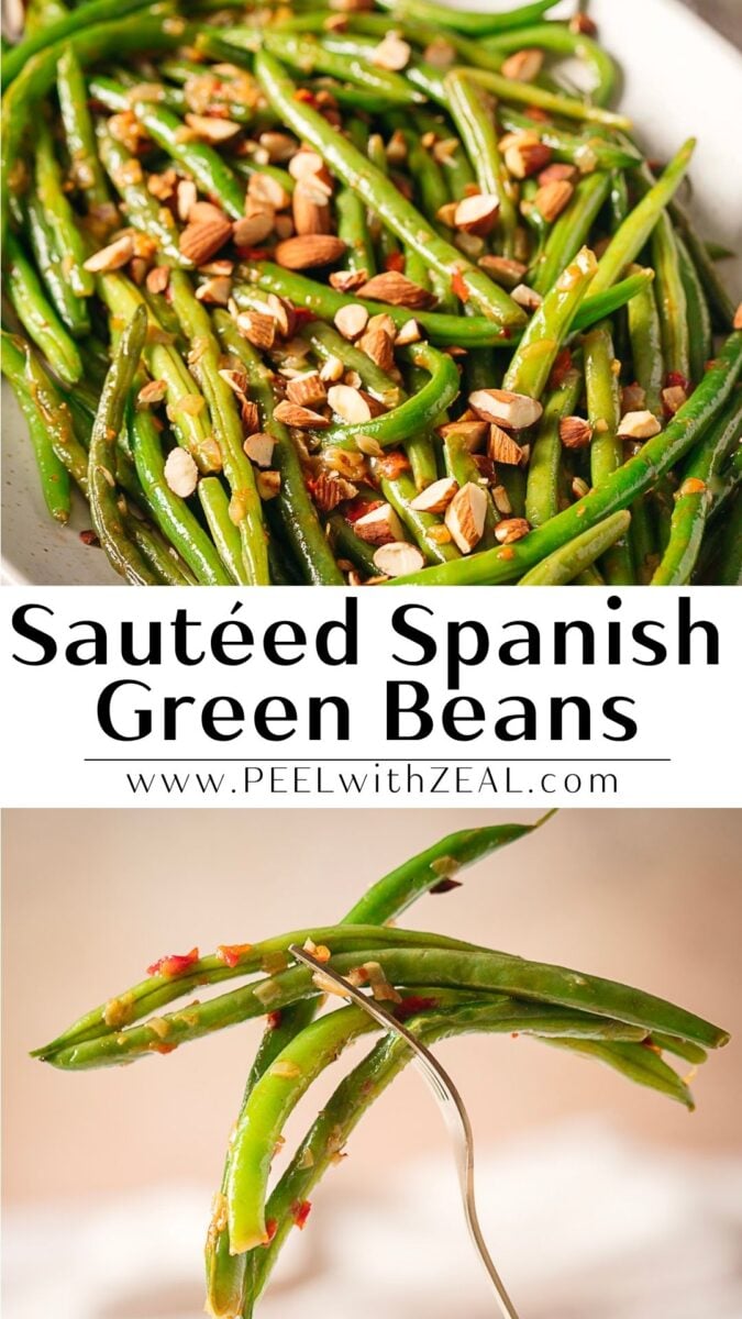Close-up of sautéed green beans garnished with chopped almonds, served on a white plate, with a fork holding a few beans.