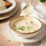 A spoon drizzles creamy, herb-flecked sauce into a bowl garnished with chopped parsley, set on a white plate.