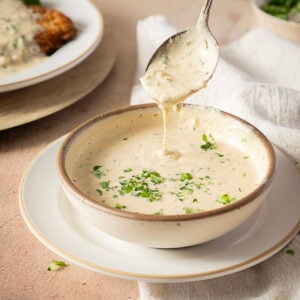 A spoon drizzles creamy, herb-flecked sauce into a bowl garnished with chopped parsley, set on a white plate.