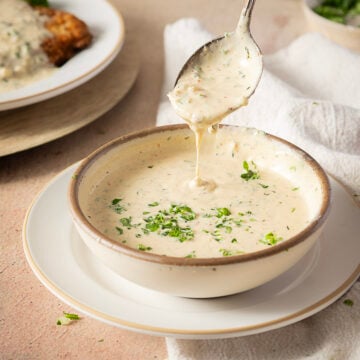 A spoon drizzles creamy, herb-flecked sauce into a bowl garnished with chopped parsley, set on a white plate.