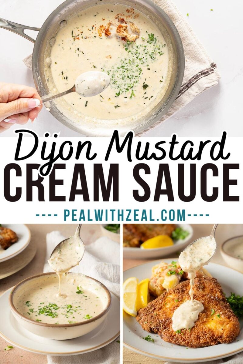 Skillet and bowl of creamy Dijon cream sauce, garnished with herbs, shown poured over breaded chicken cutlets on plates. Recipe website URL displayed in bold text.