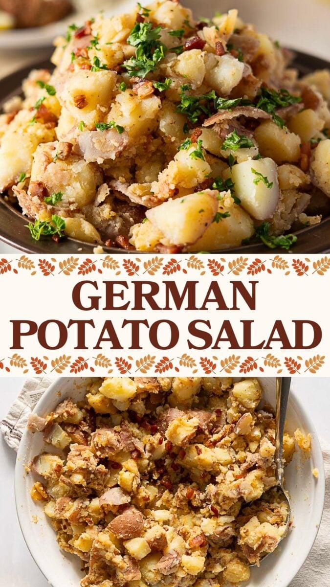 Two bowls of german potato salad, garnished with chopped parsley and savory bacon pieces, are shown from different angles. A text overlay between the images reads "German Potato Salad.
