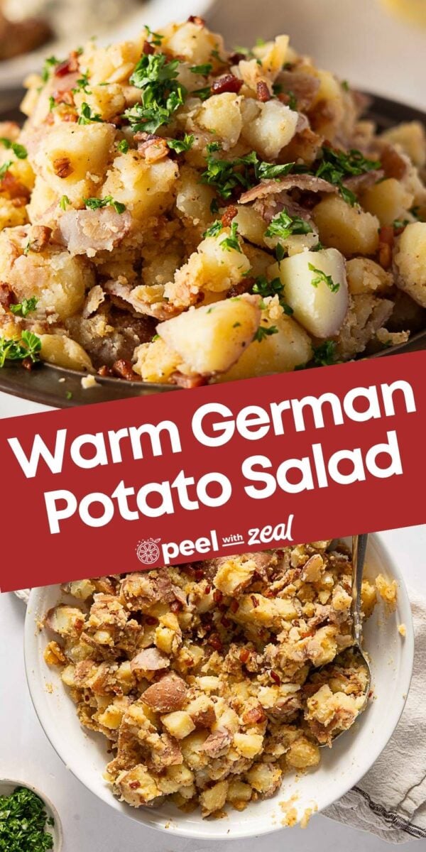 Two bowls of warm German potato salad with chopped parsley and bacon pieces, presented on a table with a serving spoon. This classic German potato salad offers a comforting blend of tangy flavors and hearty ingredients, perfect for sharing.