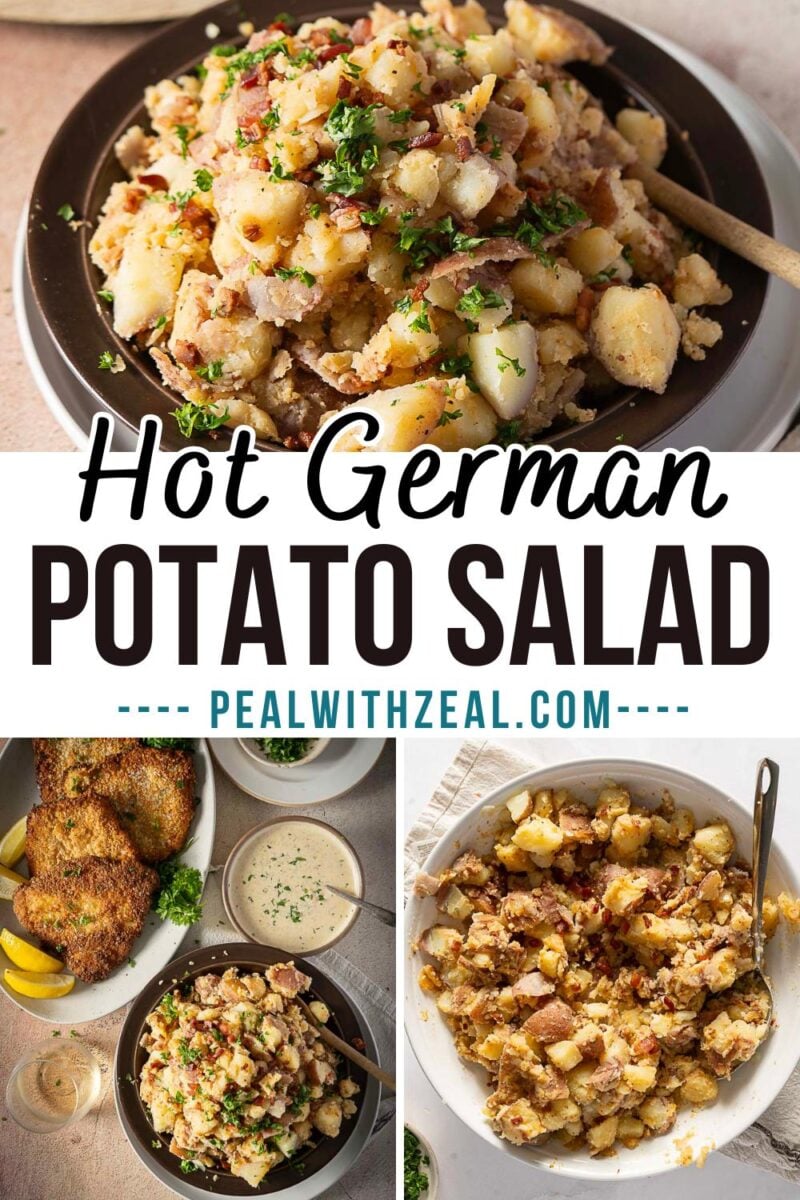 Collage of classic German potato salad with bacon, herbs, and a tangy dressing, shown plated and in a serving bowl alongside schnitzel and dipping sauces. This traditional german potato salad makes the perfect side for any hearty meal.