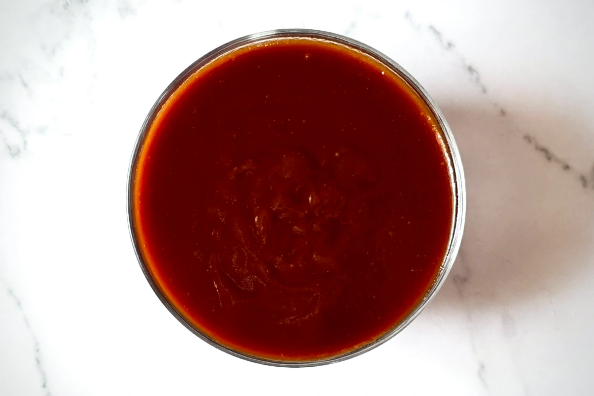 A glass bowl filled with dark red barbecue sauce, viewed from above, on a white marble surface.